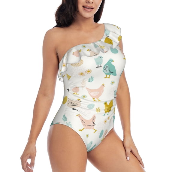 Daiia Chicken Women's One Piece Swimsuits Personalized One Shoulder Swimwear Asymmetric Ruffle Bathing Suits-Large