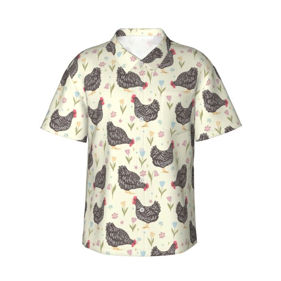 Daiia Chickens And Flowers Hawaiian Shirt for Men Gentle Cotton Regular Short Sleeve Casual-XX-Large