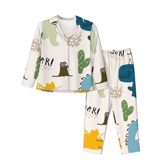 Daiia Childish Dinosaur for Women's Long-Sleeved Pajama Set – Soft & Comfortable Sleepwear Button-Up Pajamas Cozy Lounge Wear-Small