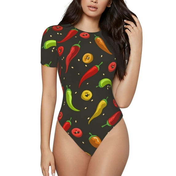Daiia Chili2 print Women's Crew Neck Short Sleeve Bodysuit Fashion Tops Fit Casual Basic Extender Bodysuit-Medium