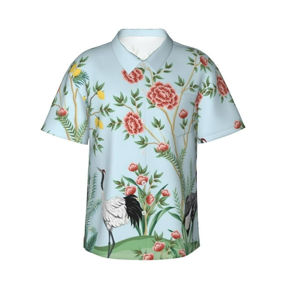 Daiia Chinoiserie Floral Palm Tree Hawaiian Shirt for Men Gentle Cotton Regular Short Sleeve Casual-Large