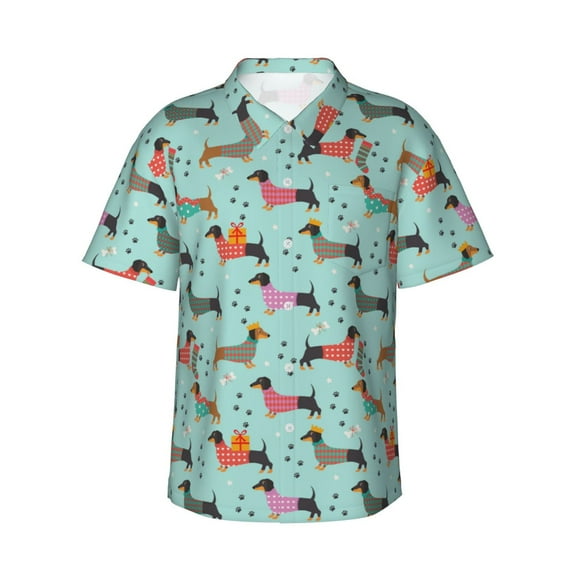 Daiia Christmas Dachshund Hawaiian Shirt for Men Gentle Cotton Regular Short Sleeve Casual-X-Large
