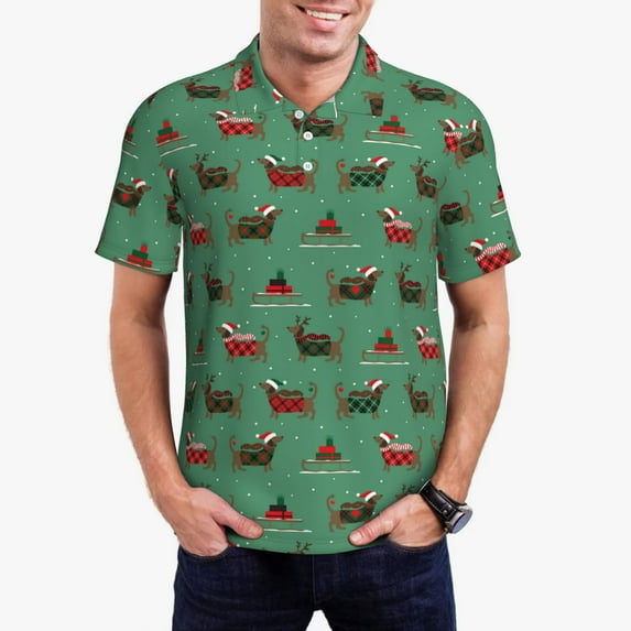 Daiia Christmas Dachshund Pattern Men’s Polo Shirts,Solid Deck Shirt,Classic Fit, Breathable Cotton Polo for Casual and Sport Wear-XX-Large