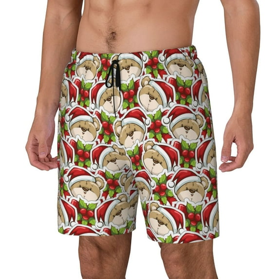 Daiia Christmas Hat bear Mens Swim Trunks Swim Shorts Quick Dry Swim Shorts with Mesh Lining Pockets-3X-Large