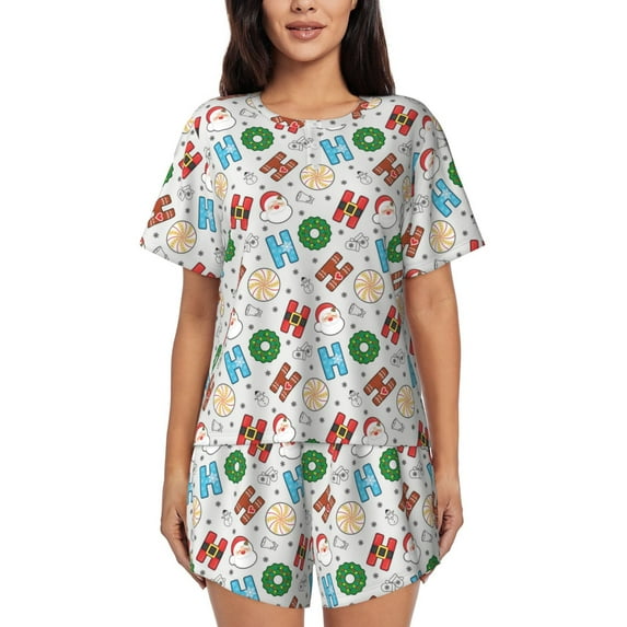 Daiia Christmas Hohoho 1 Pattern Womens Pajama Sets Short Sleeve Pajamas for Women Sets Soft Lounge Sets Casual Round Neck Sleepwear PJS-Large