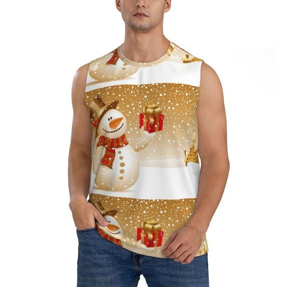 Daiia Christmas Snowman Gift Printed Men's Tank Tops,Casual Soft Sleeveless Gym Muscle Shirts Bodybuilding Tee-Large