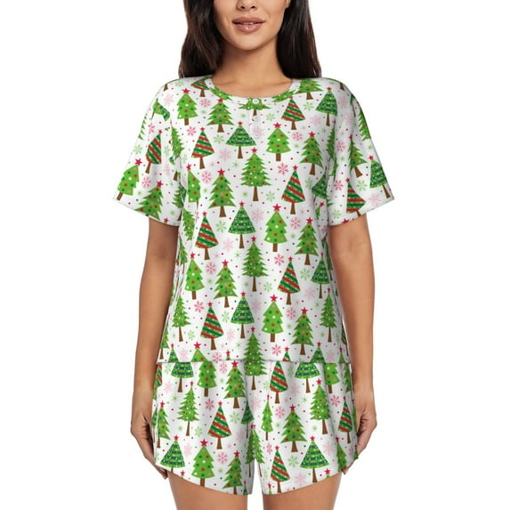 Daiia Christmas Trees Pattern Womens Pajama Sets Short Sleeve Pajamas for Women Sets Soft Lounge Sets Casual Round Neck Sleepwear PJS-XX-Large