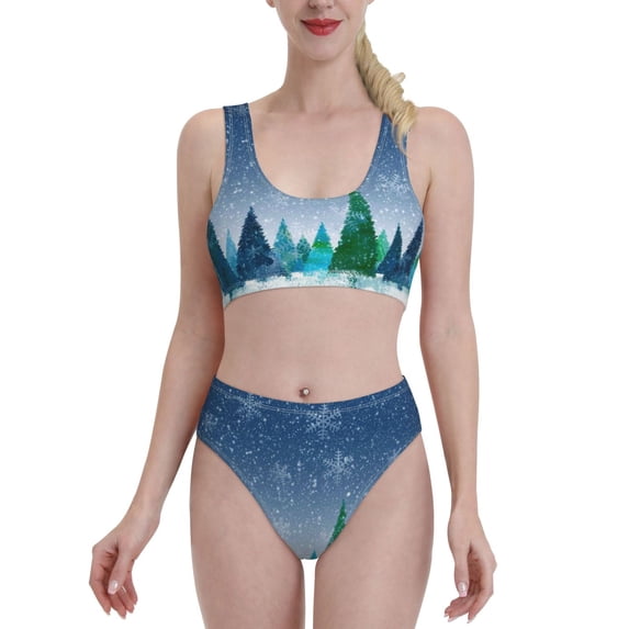 Daiia Christmas Trees printed 2 piece Swimsuit Bikinis for Women High Waisted Racerback Bathing Suits Summer Tummy Control Scoop Neck Swimwear-X-Large