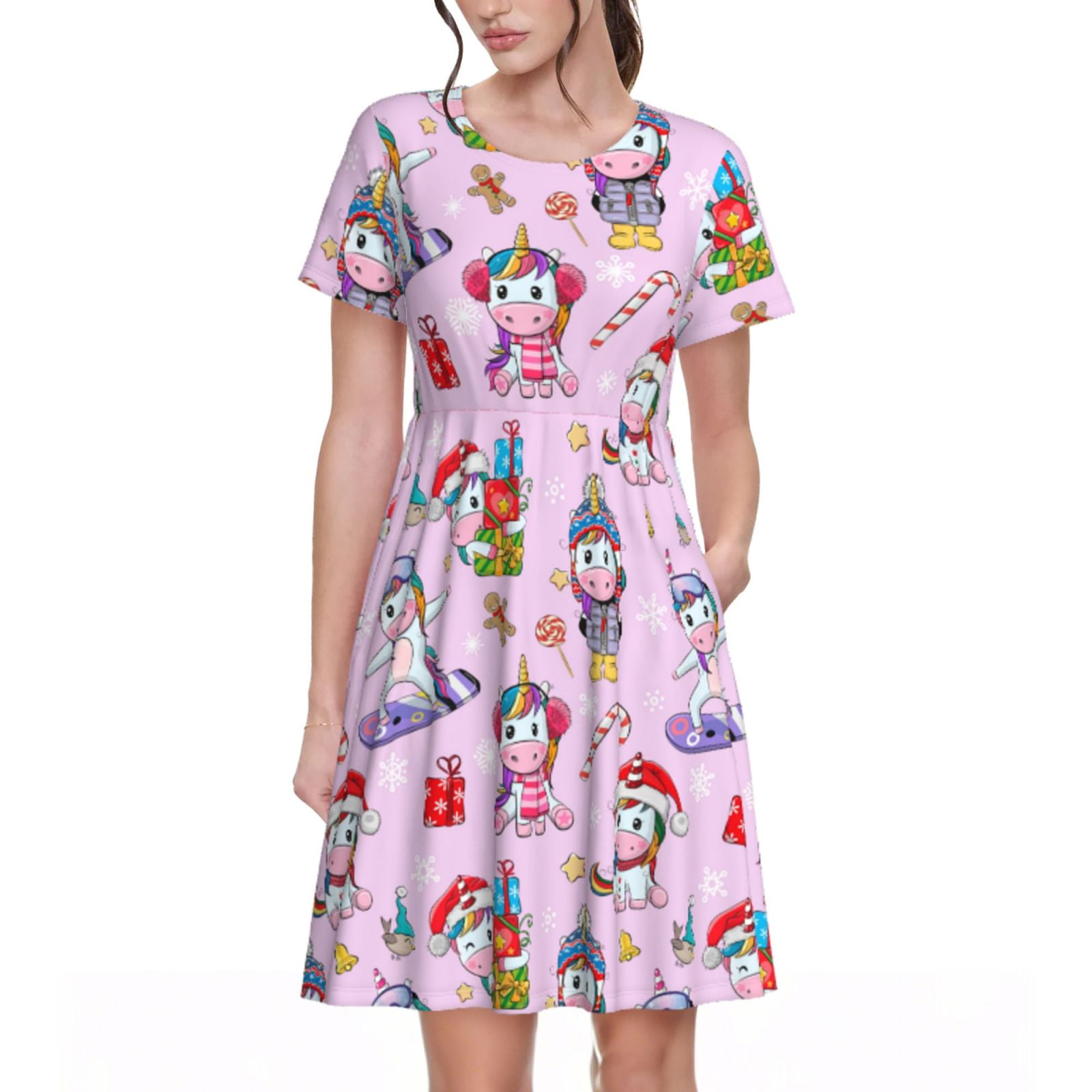 Daiia Christmas Unicorns Print Women's Dresses 2025 Trendy Short sleeve ...