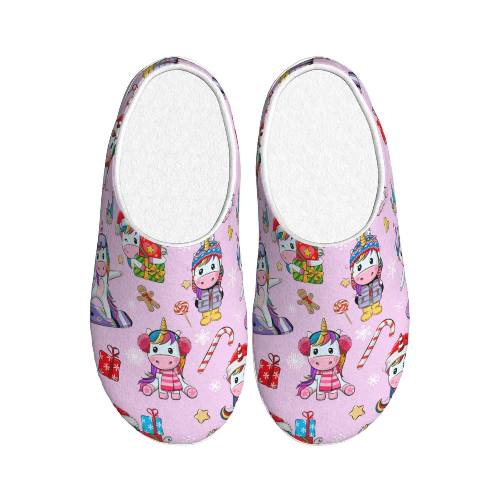 Daiia Christmas Unicorns Print Women’s Fuzzy Slippers Memory Foam ...