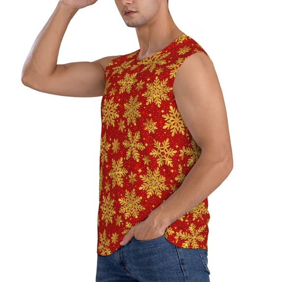 Daiia Christmas With Gold Snowflakes Printed Men's Tank Tops,Casual Soft Sleeveless Gym Muscle Shirts Bodybuilding Tee-Small