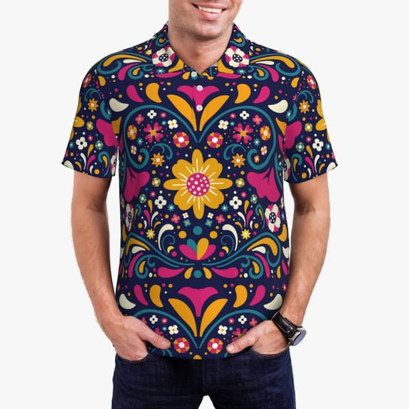 Daiia Cinco De Mayo Floral Pattern Men’s Polo Shirts,Solid Deck Shirt,Classic Fit, Breathable Cotton Polo for Casual and Sport Wear-4X-Large