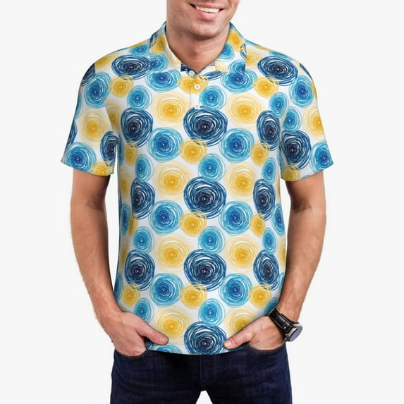 Daiia Circular Pattern Men’s Polo Shirts,Solid Deck Shirt,Classic Fit, Breathable Cotton Polo for Casual and Sport Wear-Large