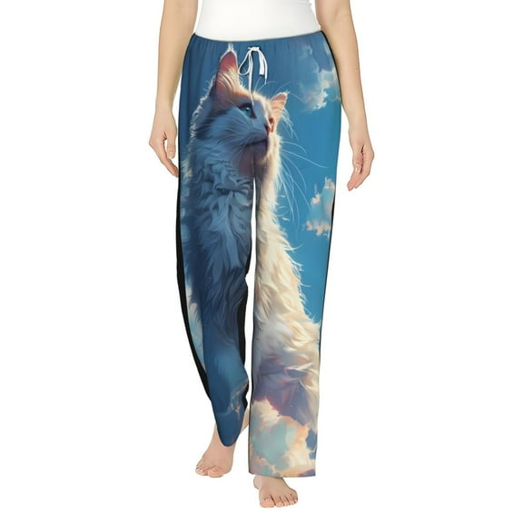 Daiia Clear Sky Blue Cat Women's Sleep Pant with Pockets and Drawstring,Pajama Pants-X-Large