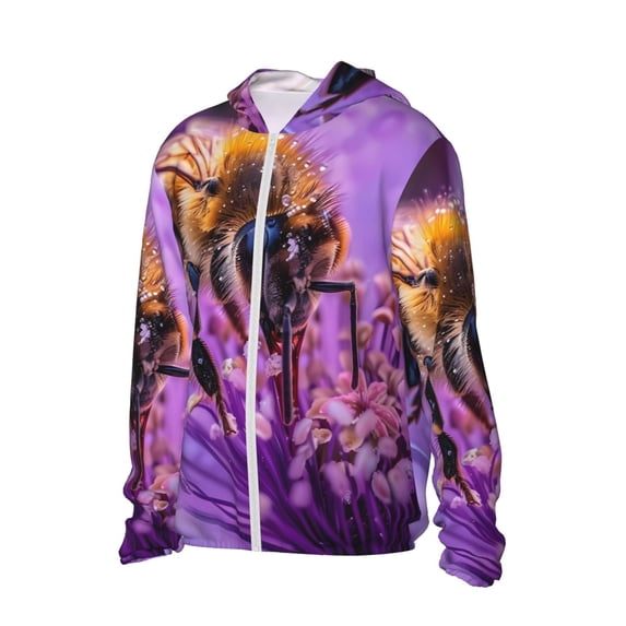 Daiia Closeup Honeybee on Flower UPF 50+ Sun Protection Hoodie Jacket Lightweight Long Sleeve Sun Shirt for Women Men with Pocket Hiking Outdoor-X-Large