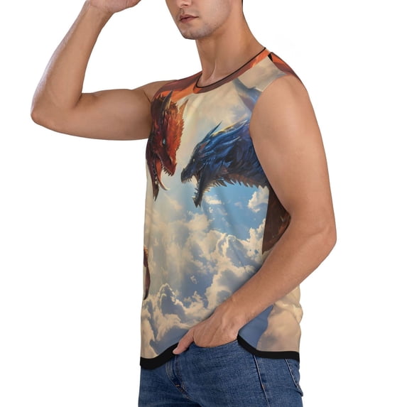 Daiia Cloud Red And Blue Dragon Printed Men's Tank Tops,Casual Soft Sleeveless Gym Muscle Shirts Bodybuilding Tee-Large