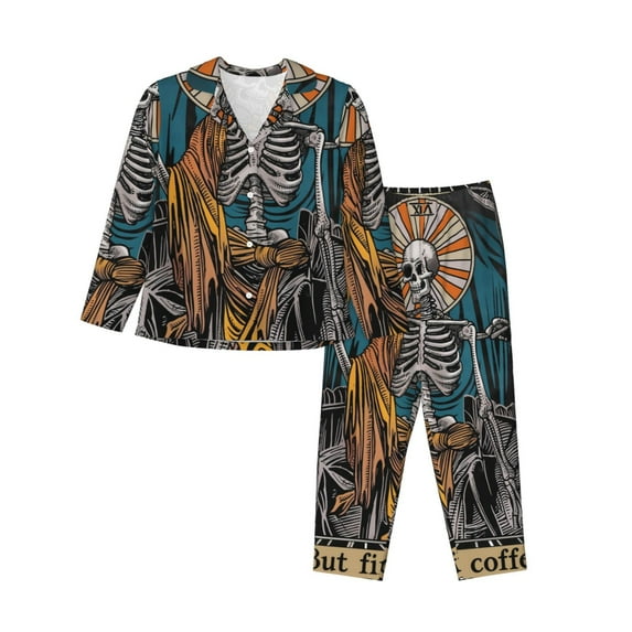 Daiia Coffee-Drinking Skull for Women's Long-Sleeved Pajama Set – Soft & Comfortable Sleepwear Button-Up Pajamas Cozy Lounge Wear-Medium
