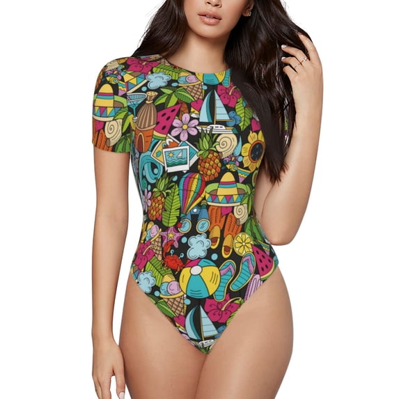 Daiia Color Summer print Women's Crew Neck Short Sleeve Bodysuit Fashion Tops Fit Casual Basic Extender Bodysuit-X-Large