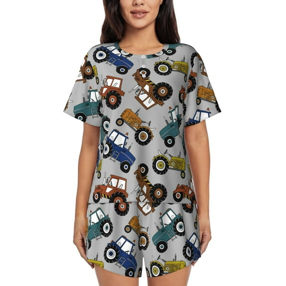 Daiia Color Tractor Pattern Womens Pajama Sets Short Sleeve Pajamas for Women Sets Soft Lounge Sets Casual Round Neck Sleepwear PJS-X-Large