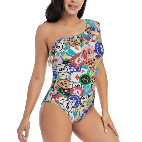 Daiia Colored Casino Chips Women's One Piece Swimsuits Personalized One Shoulder Swimwear Asymmetric Ruffle Bathing Suits-Medium