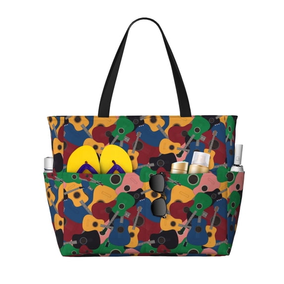 Daiia Colored Guitars Beach Travel Bag - Water-Resistant Beach Bag, Lightweight Tote with 7 Pockets for Women and Men - Gym,Pool,Camping,Reusable Grocery Bag