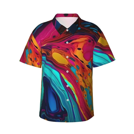 Daiia Colorful Abstract Swirls Hawaiian Shirt for Men Gentle Cotton Regular Short Sleeve Casual-Large