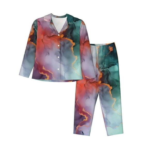 Daiia Colorful Abstract Waves for Women's Long-Sleeved Pajama Set – Soft & Comfortable Sleepwear Button-Up Pajamas Cozy Lounge Wear-Large