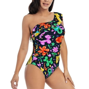 Daiia Colorful Air Balloons1 Women's One Piece Swimsuits Personalized One Shoulder Swimwear Asymmetric Ruffle Bathing Suits-Large