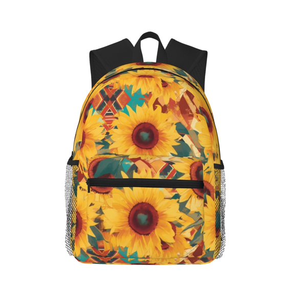 Daiia Colorful Bohemian Sunflower School Backpack for Men Women, Unisex Large Waterproof Bookbag Schoolbag Casual Daypack for High School/College/Teens/Travel/Work Black