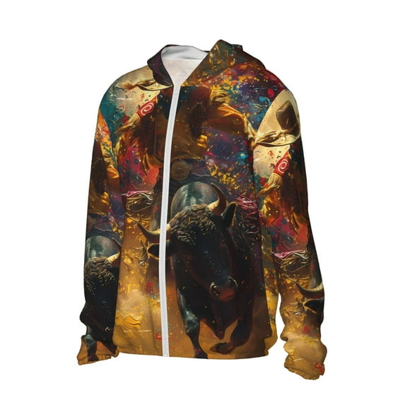 Daiia Colorful Bull Western Man UPF 50+ Sun Protection Hoodie Jacket Lightweight Long Sleeve Sun Shirt for Women Men with Pocket Hiking Outdoor-X-Large