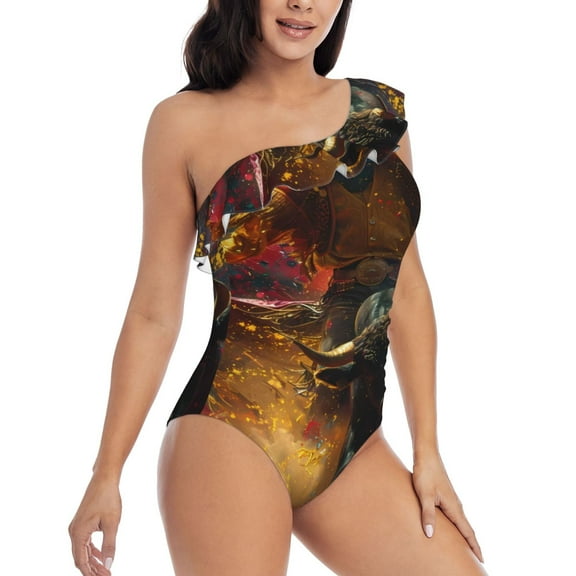 Daiia Colorful Bull Western Man Women's One Piece Swimsuits Personalized One Shoulder Swimwear Asymmetric Ruffle Bathing Suits-Small