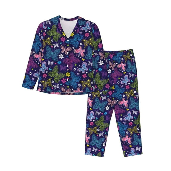 Daiia Colorful Butterflies for Women's Long-Sleeved Pajama Set – Soft & Comfortable Sleepwear Button-Up Pajamas Cozy Lounge Wear-X-Large