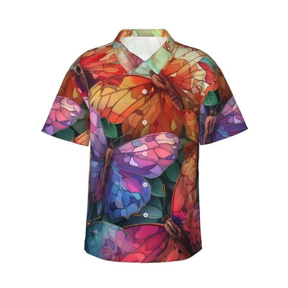 Daiia Colorful Butterfly Cluster Hawaiian Shirt for Men Gentle Cotton Regular Short Sleeve Casual-Large