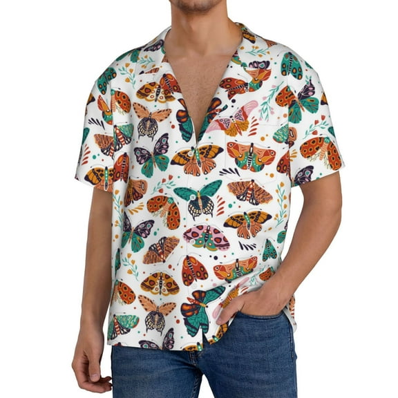 Daiia Colorful Butterfly Men's Linen Shirts Short Sleeve Casual Shirts Button Down Shirt for Men Beach Summer Wedding Shirt-X-Large