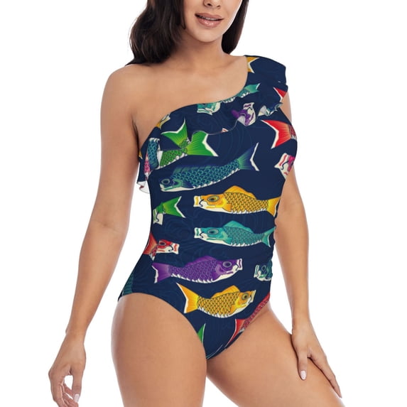 Daiia Colorful Carp Streamer 1 Women's One Piece Swimsuits Personalized One Shoulder Swimwear Asymmetric Ruffle Bathing Suits-X-Large