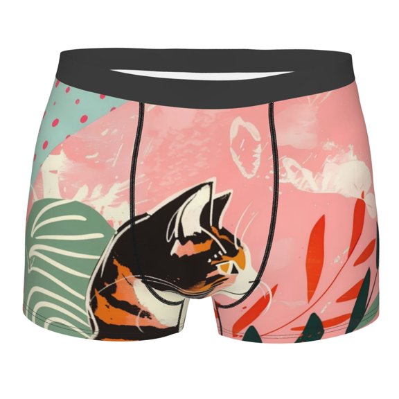 Daiia Colorful Cat With Flowers Men's Underwear Boxer Briefs, Cotton Stretch Moisture-Wicking Underwear-XX-Large
