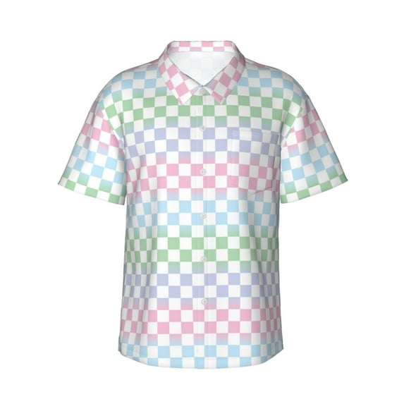 Daiia Colorful Checkerboard Hawaiian Shirt for Men Gentle Cotton Regular Short Sleeve Casual-XX-Large