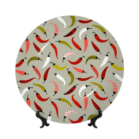 Daiia Colorful Chili Printed Pattern Ceramic Plate Dinner Plates Bone China Decorative Plates with Display Stand Art Ceramic Ornaments for Wall Hanging Decoration-6in