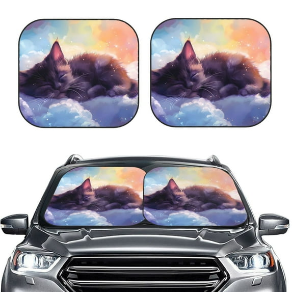 Daiia Colorful Cloud Sleeping Cat 2PCS Car Windshield Sun Shade, Foldable Sun Shield for Car Front Window, Auto Sun Blocker Visor Protector Universal for Truck SUV Pickup-Small