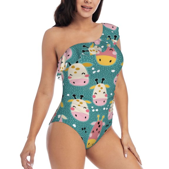 Daiia Colorful Cow Women's One Piece Swimsuits Personalized One Shoulder Swimwear Asymmetric Ruffle Bathing Suits-Medium