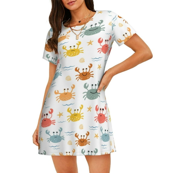 Daiia Colorful Crabs Print Women's Nightshirt Soft Nightgowns for Women Short Sleeve dress Short-sleeved Sleepwear