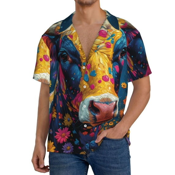 Daiia Colorful Daisy Sunflower Cow Men's Linen Shirts Short Sleeve Casual Shirts Button Down Shirt for Men Beach Summer Wedding Shirt-Large