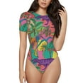 thumbnail image 1 of Daiia Colorful Dinosaur print Women's Crew Neck Short Sleeve Bodysuit Fashion Tops Fit Casual Basic Extender Bodysuit-Small, 1 of 9