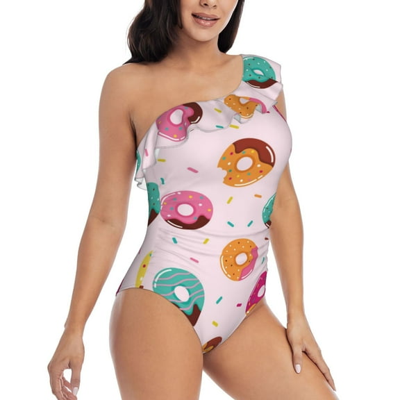 Daiia Colorful Donuts Women's One Piece Swimsuits Personalized One Shoulder Swimwear Asymmetric Ruffle Bathing Suits-Small
