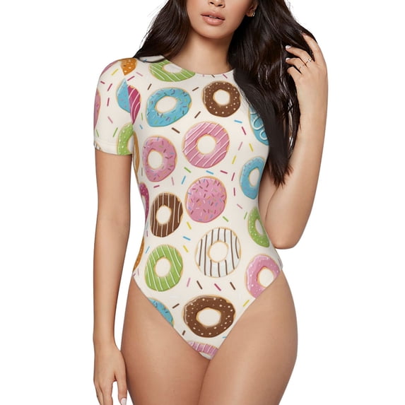 Daiia Colorful Donuts print Women's Crew Neck Short Sleeve Bodysuit Fashion Tops Fit Casual Basic Extender Bodysuit-Small