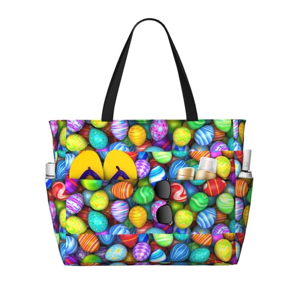 Daiia Colorful Easter Eggs1 Beach Travel Bag - Water-Resistant Beach Bag, Lightweight Tote with 7 Pockets for Women and Men - Gym,Pool,Camping,Reusable Grocery Bag