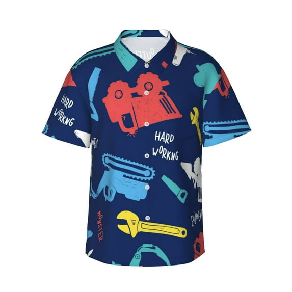 Daiia Colorful Excavator Hawaiian Shirt for Men Gentle Cotton Regular Short Sleeve Casual-Small