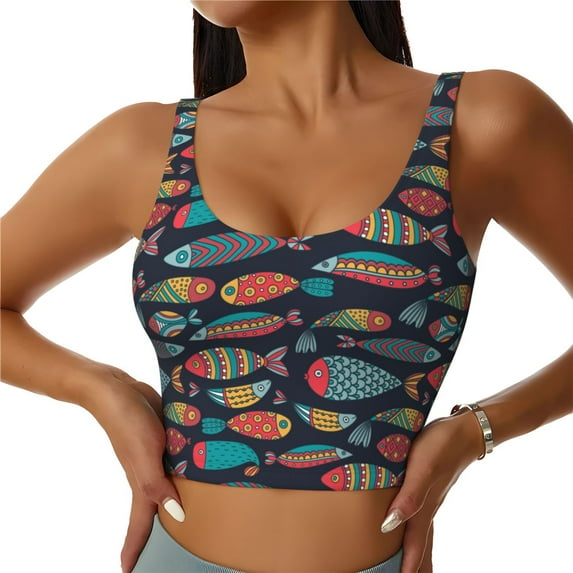 Daiia Colorful Fish Printed Women's Sports Bra, Breathable Activewear Bra with U-Back Design and Removable Pads, Comfortable and Supportive for Yoga, Workout-Small