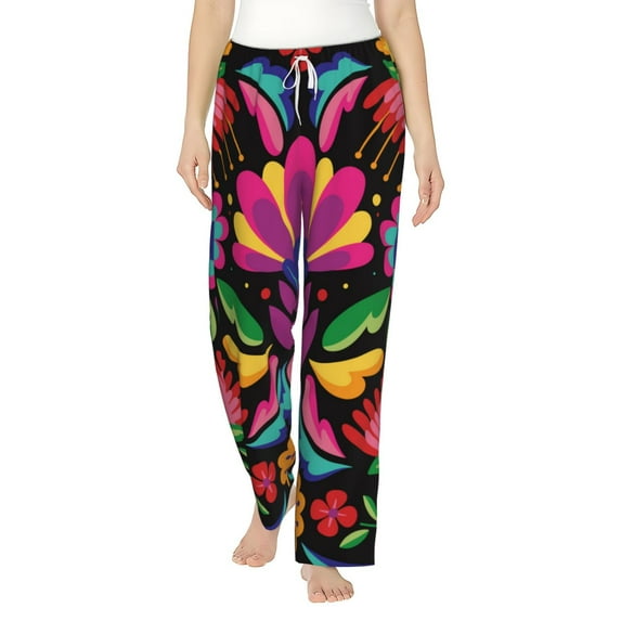 Daiia Colorful Floral Embroidery Mexican Women's Sleep Pant with Pockets and Drawstring,Pajama Pants-Medium