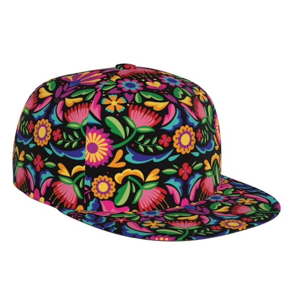 Daiia Colorful Floral Embroidery Mexican print Flat Bill Hats Flat Brim Trucker Cap Baseball Cap Adjustable Classic Low Profile Hat Unconstructed Plain Cap